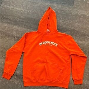 Orange Hoodie with 'In God I Flex' Print